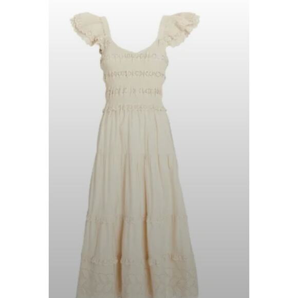 Sea New York Everleigh Eyelet Smocked Midi Cream Tiered Dress Large - Picture 6 of 6